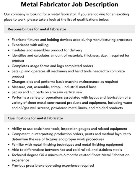 career objective for metal fabrication|sheet metal fabrication job duties.